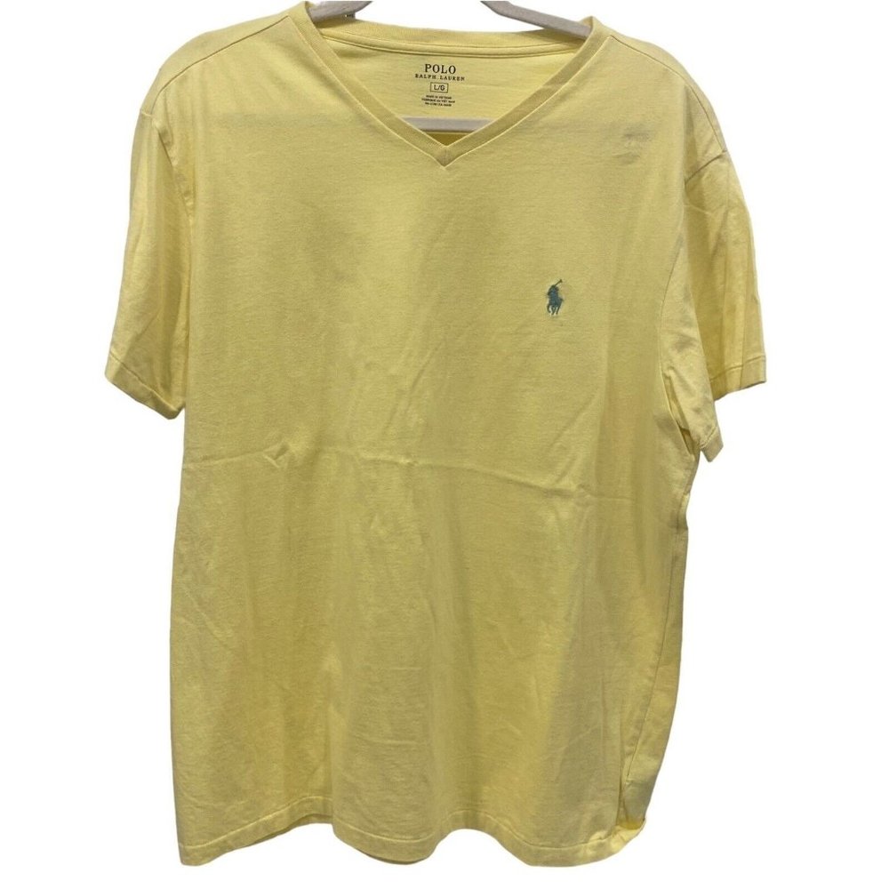 POLO RALPH LAUREN Men's Short Sleeve Solid YELLOW V-Neck T-Shirt Blue Logo LARGE